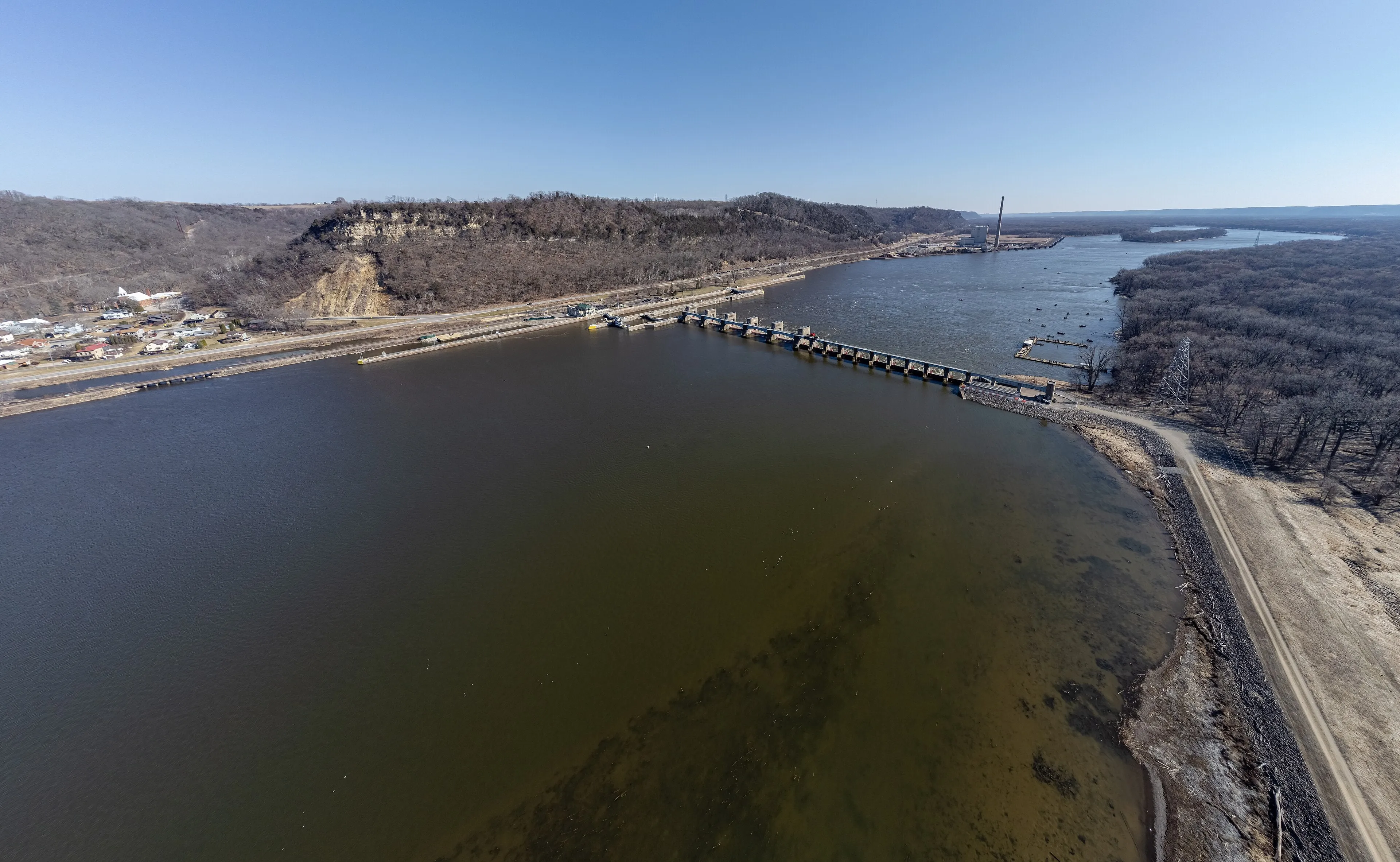 Aerial view of Lock and Dam No. 8 on the Mississippi River at Genoa, Wisconsin